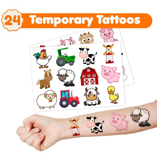 36PCS Farm Barnyard Animal Party Favors 24 Tattoos Sticker 12 Stamp Set Ideal Cute Cow Pig Tractor Horse Themed Birthday Decor Supplies Goodie Bag Classroom Gifts Rewards for Girls Baby Shower Prizes