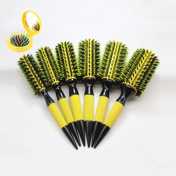 Thermal Round Barrel Boar Bristles Hair Brush Set - Professional Styling for Blow Drying, Curling, Scalp Massage, Dry/Wet Hair (YELLOW)