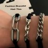 Hair Ties Bracelet With Metal Chain Link Beige Black Elastic, Wrist Bands Bracelets Looks Cute On Your Wrist And Great In Your Hair (Silver-3 metal accents)