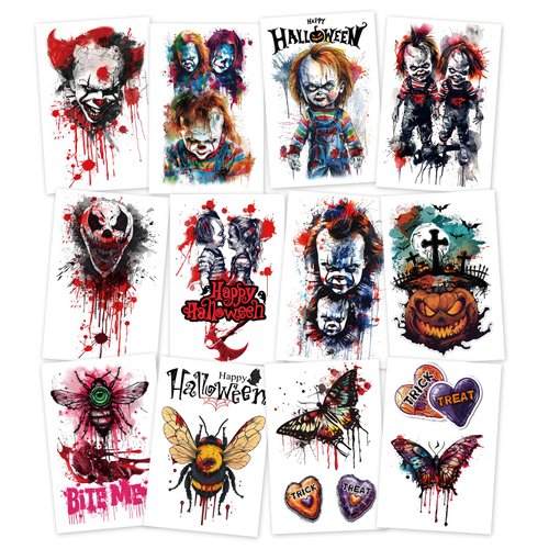 12-Pack Halloween-Themed Temporary Tattoo Stickers – 2.9 x 4.7 Inch Scary Fake Tattoos for Halloween, Cosplay, and Festivals – Perfect for Kids and Adults