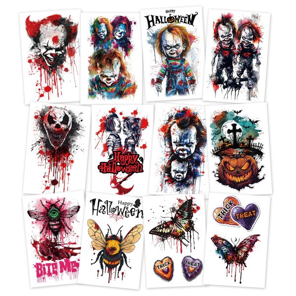 12-Pack Halloween-Themed Temporary Tattoo Stickers – 2.9 x 4.7 Inch Scary Fake Tattoos for Halloween, Cosplay, and Festivals – Perfect for Kids and Adults