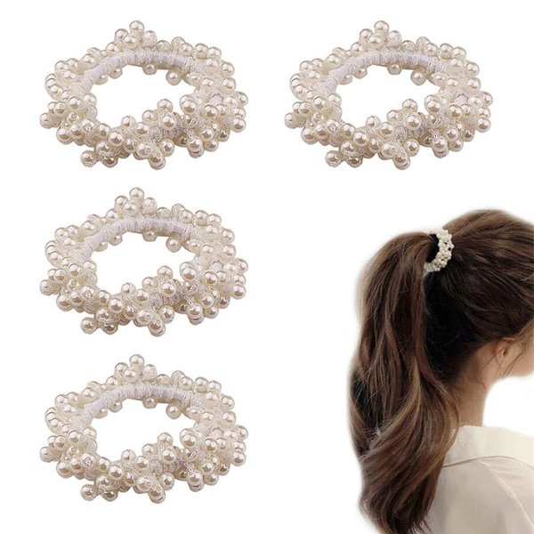 (4 PACK) Pearl Hair Ties White Weave Hair Scrunchies Stretch Hair Rope Accessories for Women and Girls