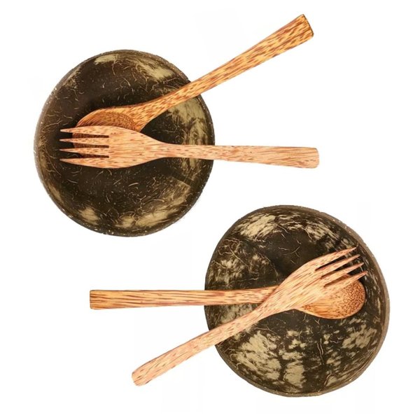 CEREM Coconut Bowl Set with Spoon and Fork - Eco-Friendly Sustainable Kitchen Serving Set - Handcrafted Vegan Gifts - 2 Sets, Polished