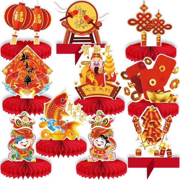 10 Pcs Chinese New Year party Decoration,Happy New Year Table Honeycomb Centerpieces, Chinese Spring Festival Red and Gold Table Toppers for New Years Eve Party