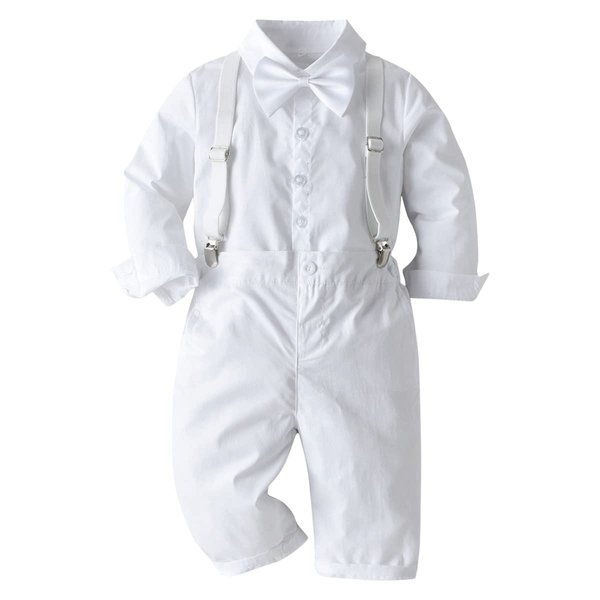 Baptism Christening Outfits for Boys Baby Clothes Sets Toddler Boy Outfit Gentleman Suits 3pcs Striped Bow Tie Shirts Suspenders Pants Birthday Formal Wedding Party Dress Suit # All White 6-12 Months