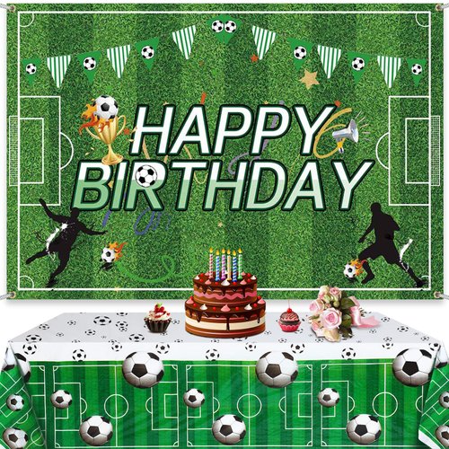 Irenare 2 Pcs Soccer Birthday Party Decorations 5 x 3 ft Happy Birthday Soccer Banner Backdrop 108 x 54 Soccer Table Cloth Plastic Soccer Theme Table Cover for Soccer Birthday Party Supplies
