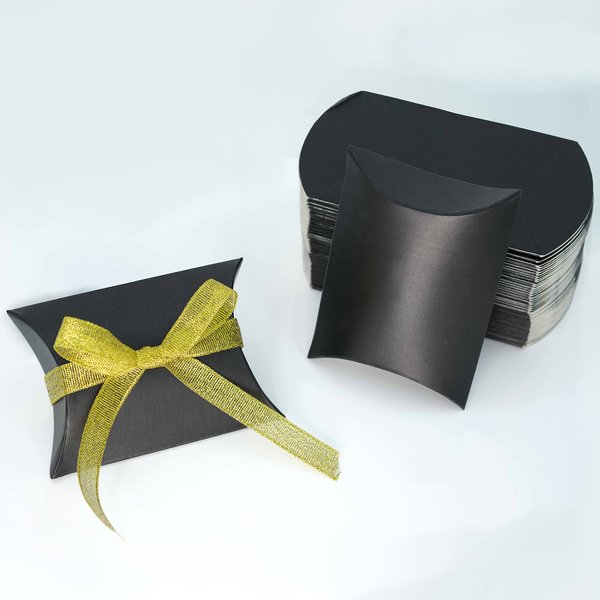 Black Kraft Paper Pillow Box Candy Treat Box Kit Gift Boxes with Gold Ribbon Wedding Favors Baby Shower Birthday Graduation Party Thank You Boxes Supplies, 50pc