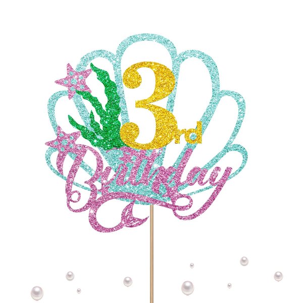 Mermaid Three Cake Topper, Happy 3rd Birthday Cake Decor for Baby Girl, Little Mermaid Birthday Party Decoration, Under the Sea Themed Party Supplies - Gold Glitter