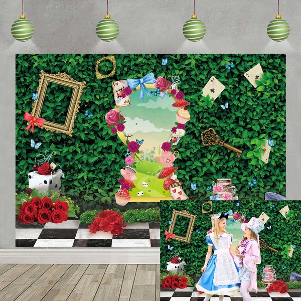 Wonderland Backdrop for Photography 7X5FT Wonderland Tea Party Decorations Green Leaves Birthday Background Little Princess Girls Kids Baby Shower Birthday Banner Supplies 82x59inch