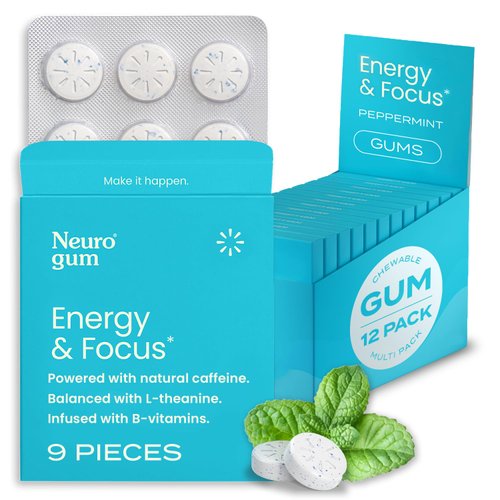 NeuroGum Energy Caffeine Gum (108 Pieces) - Sugar Free with L-theanine + Natural Caffeine + Vitamin B12 & B6 - Nootropic Energy & Focus Supplement for Women & Men - Keto & Vegan, Peppermint Flavor