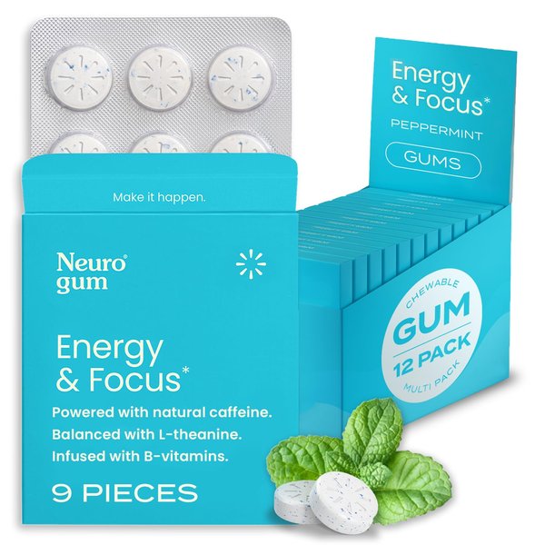 NeuroGum Energy Caffeine Gum (108 Pieces) - Sugar Free with L-theanine + Natural Caffeine + Vitamin B12 & B6 - Nootropic Energy & Focus Supplement for Women & Men - Keto & Vegan, Peppermint Flavor
