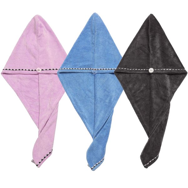Borogo Microfiber Hair Towel Wrap for Women, 3Pcs Hair Towel Wrap Turban Drying Bath Shower Head Towel with Buttons, Dry Hair Hat, Wrapped Bath Cap