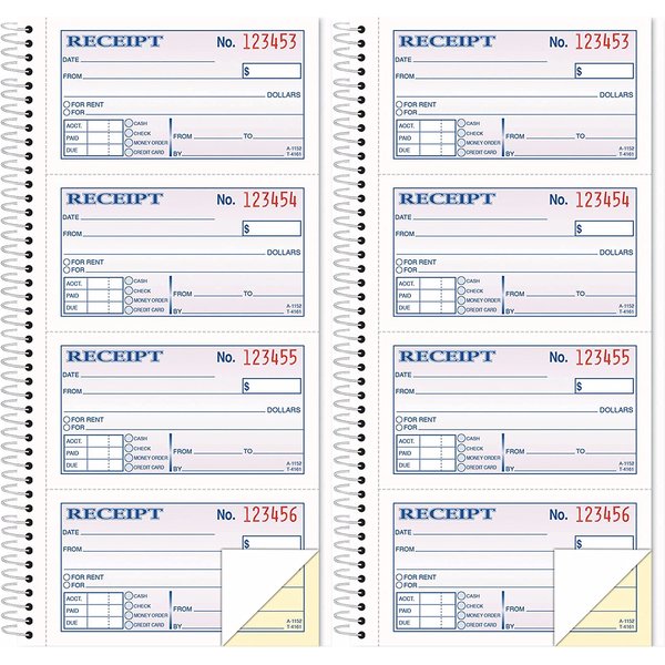 Money/Rent Receipt Book, 2-Part, Carbonless, 11 x 5.25 Inches, 4 Receipts/Page, 200 Sets per Book (4161), White Pack of 2