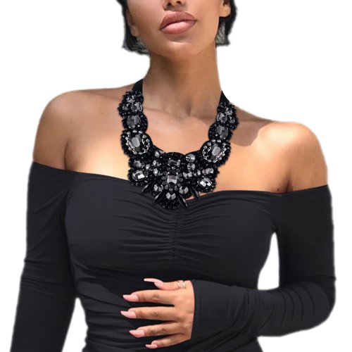 Flyonce Black Rhinestone Crystal Bib Chunky Collar Statement Necklace for Women Girls Costume Jewelry