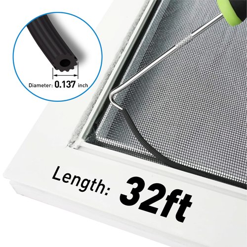 HOMWMPA Window Screen Replacement Kit, 36"W × 90"L Durable Polyester Adjustable Screen Mesh with Retainer Spline (32ft) for DIY Project Window Screen Door Screen Replacement & Repair, Black