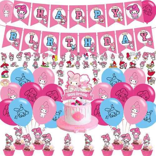 My Melody Party Decorations,Birthday Party Supplies For Melody Party Supplies Includes Banner - Cake Topper - 12 Cupcake Toppers - 18 Balloons -50 My Melody Stickers