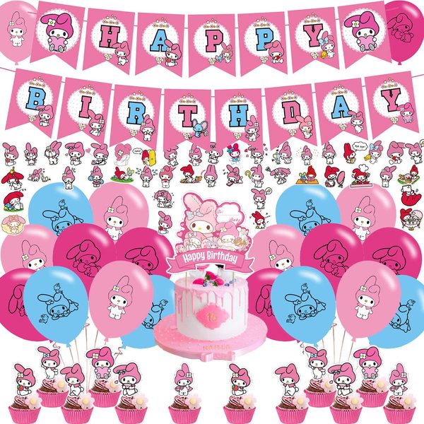 My Melody Party Decorations,Birthday Party Supplies For Melody Party Supplies Includes Banner - Cake Topper - 12 Cupcake Toppers - 18 Balloons -50 My Melody Stickers