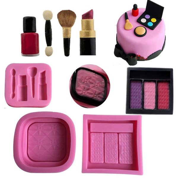 Anyana 3D mini Makeup Tools Loose Powder Eye Shadow silicone mould embossing cake Fondant imprint gum paste mold for Sugar paste fashion cupcake decorating topper decoration sugarcraft set of 3