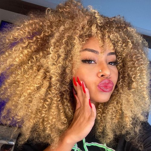 DZfirst Curly Wig With Bangs for Black Women 16 Inch Afro Bomb Curly Wigs for Black Women Premium Synthetic Fiber Glueless Long Kinky Curly Wig (Ombre Blonde)