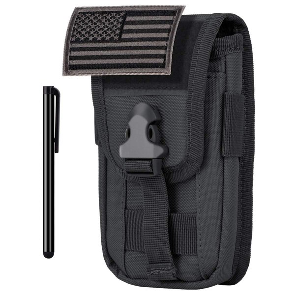 IronSeals Tactical Cell Phone Holster Pouch, Smartphone Pouch Case Molle Attachment Gadget Bag Belt Holder Waist Bag for 4.7"-6.7" with Armor Case on with US Flag Patch and Stylus