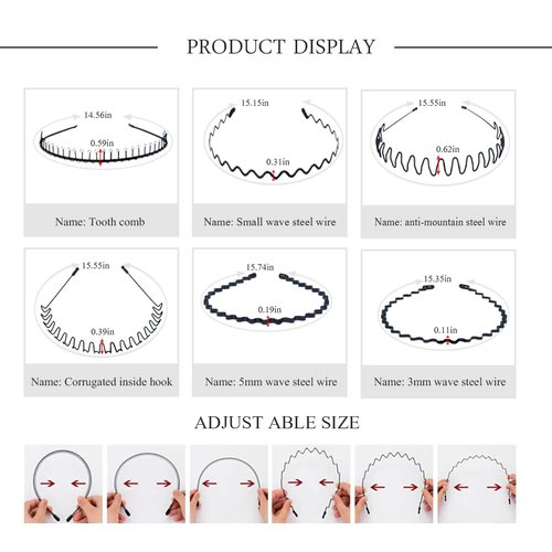 BOYYJING Multi-Style Black Non-slip Metal Hair Hoop and Comb，Metal Hairband for Men and Women Unisex Adjustable Black Wavy Hair Band Non-slip (7pcs)