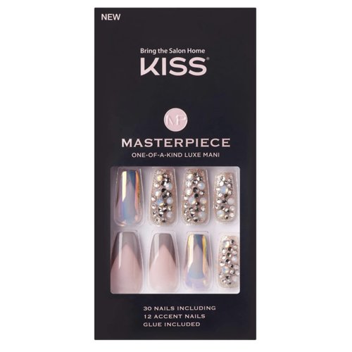 KISS Masterpiece One-Of-A-Kind Luxe Mani Premium Special Effects Design Coffin Shape Glossy Iridescent Glue-On Long Length Nails with Faux Jewels MP01 Love It
