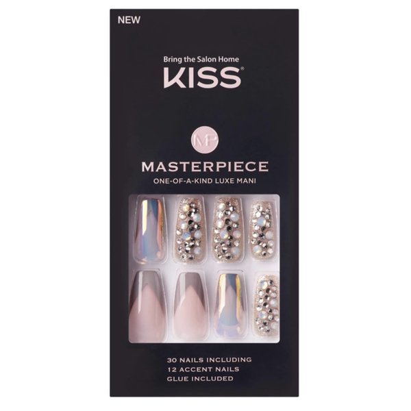 KISS Masterpiece One-Of-A-Kind Luxe Mani Premium Special Effects Design Coffin Shape Glossy Iridescent Glue-On Long Length Nails with Faux Jewels MP01 Love It
