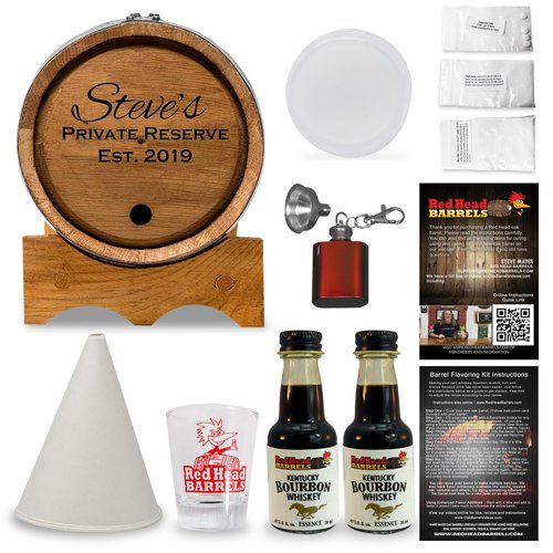 Red Head Barrels - 2 Liter Custom Engraved American White Oak Aging Barrel with Flavoring Gift Set, Free Shot Glass, Premium White Oak Wood Barrel & Homebrew Kit (Kentucky Bourbon)