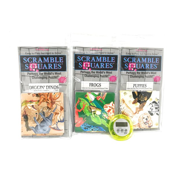 Bundle of Scramble Squares B Dazzle Brain Teaser Puzzles for Adults/Teens/Kids - 3 Puzzles Included - Frogs, Puppies and Digging Dinos with A Bonus Digital Timer