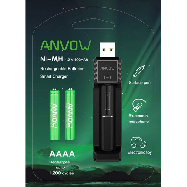 ANVOW Smart AAAA Battery Charger with 2 Counts Rechargeable AAAA Batteries - Ni-MH 1.2V 400mAh 1200 Cycles Surface Pen Active Stylus Rechargables Battery