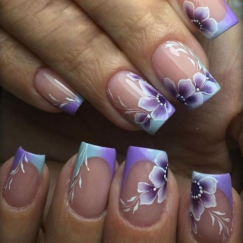 Flower Press on Nails Short Square Length Fake Nails French Purple Design Glossy False Nails Glue Full Cover Acrylic Nails Reusable Artificial Nails Stick for Women DIY 24Pcs
