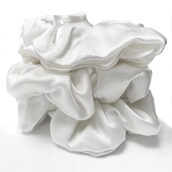 3 Pcs Mulberry Silk Hair Scrunchies For Women Stain Silk Hair Band Hair Elastic Ponytail Holders (White)