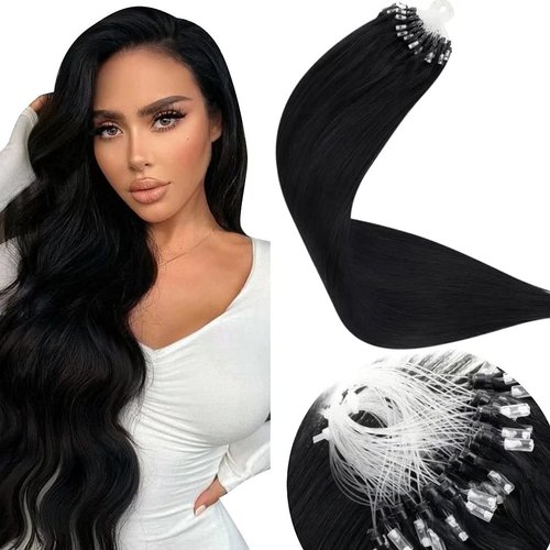 LaaVoo Micro Link Hair Extensions Human Hair Jet Black Microlink Hair Extensions Human Hair Black Micro Bead Hair Extensions Real Human Hair Straight Microbead Hair Extensions 50g 1g/strand 20 inch