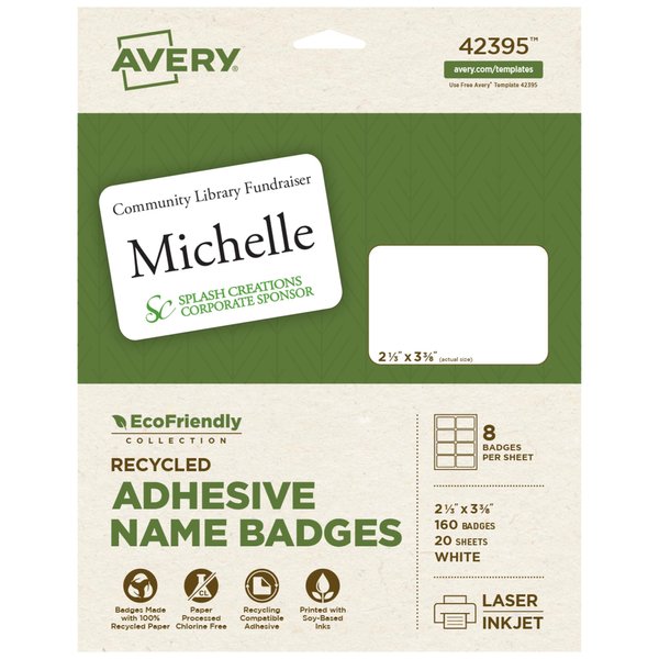 Avery EcoFriendly Recycled Name Tags, 2-1/3" x 3-3/8", White, Removable Adhesive, 160 Printable Name Badges (42395)