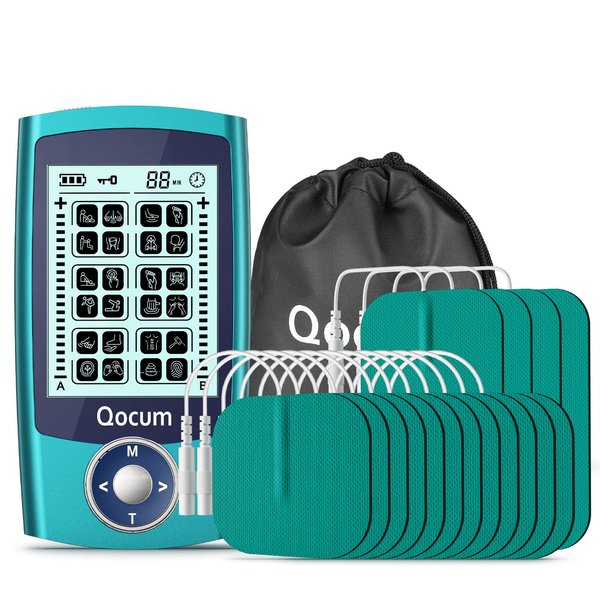 Qocum TENS Unit Muscle Stimulator: Dual Channel TENS Unit for Pain Relief Therapy (Chronic, Acute Body Pain), Independent A/B Channel and 24 Modes, Electronic Pulse Massager with 16 TENS Unit Pads