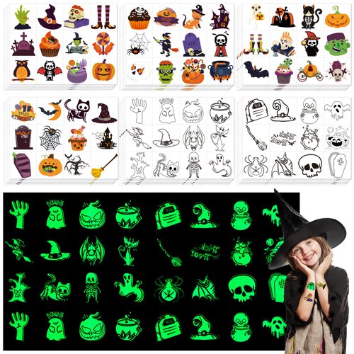 336pcs Halloween Temporary Tattoos for Kids Assorted Colorful & Glow in the Dark Tattoo Stickers Halloween Decorations Supplies Party Favors Goodie Bag Fillers for Boys and Girls