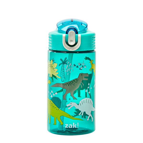 Zak Designs Kids Water Bottle For School or Travel, 16oz Durable Plastic Water Bottle With Straw, Handle, and Leak-Proof, Pop-Up Spout Cover (Dinosaur)