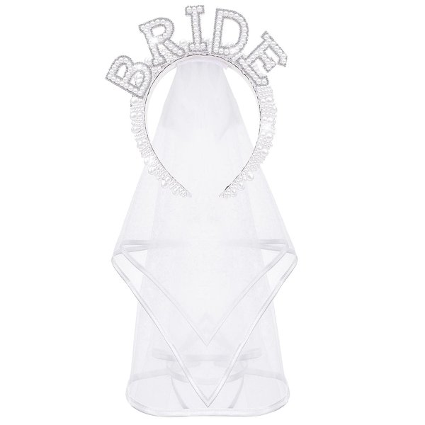 Wavyknot Bride Headband with Veil Bachelorette Party Decorations Bridal Headband for Wedding Crown White Pearl Headpiece Bachelorette Favors Bridesmaid Bridal Shower Party Gift