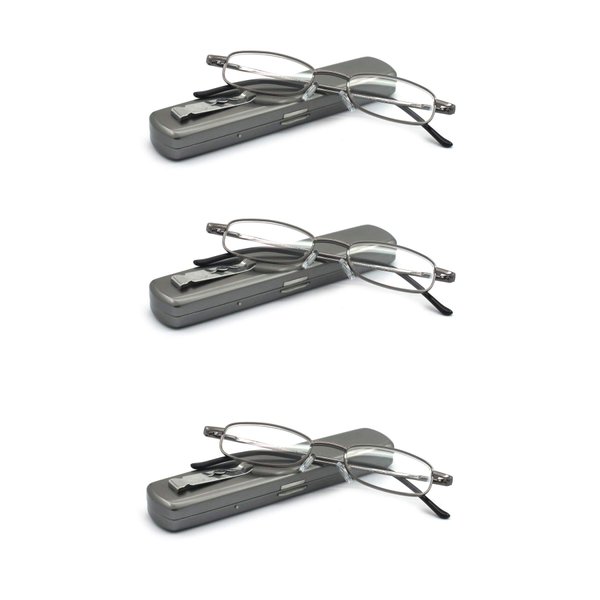 EYE ZOOM 3 Pairs Lightweight Portable Metal Reading Glasses with Pocket Case for Men Women, Gunmetal, 1.50 Strength