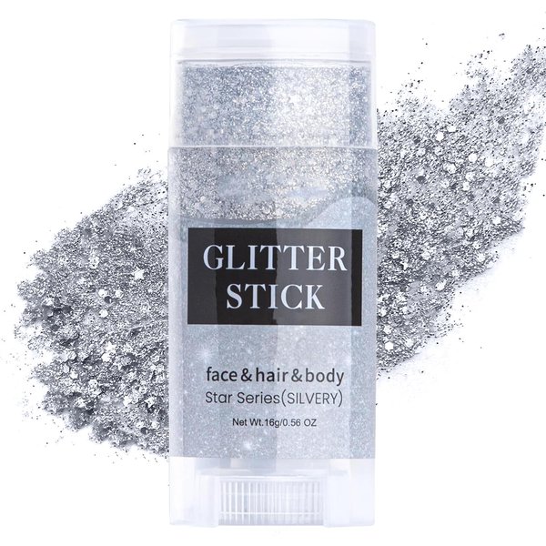 LemonSac Siliver Body Glitter Stick, Singer Concerts Glitter Gel, Holographic Mermaid Sequins Chunky Glitter, Music Festival Rave Glitter Makeup for Body, Face, Hair and Lip, 0.56oz (04# Siliver)