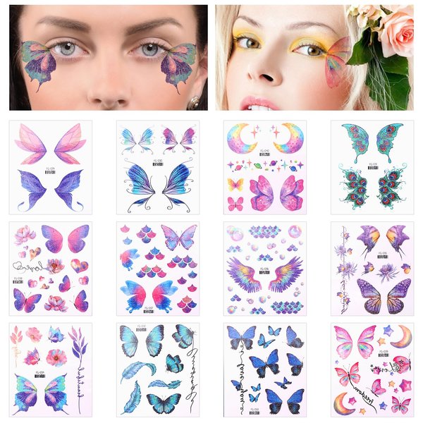 12Sheets Glitter Butterfly Tattoos Temporary Stickers Waterproof Butterfly Face Tattoo Glitter Fairy Wings Makeup Fake Tattoos for Girls Fairy Princess Party Birthday Party Dress Up Supplies
