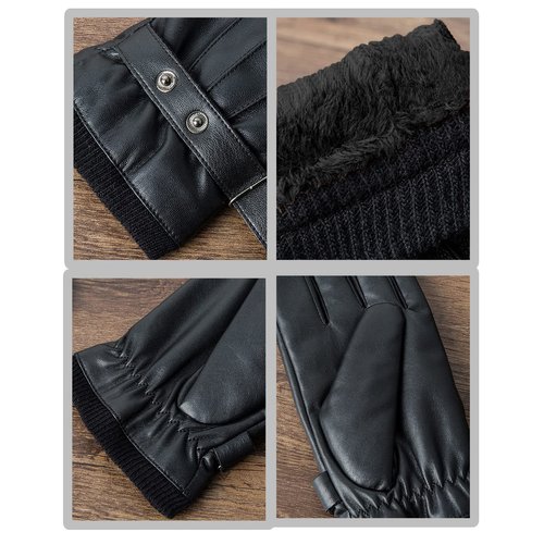 SANKUU Winter Leather Gloves for Men, Touchscreen Snap Closure Cycling Black Gloves Outdoor Riding Warm Waterproof Gloves