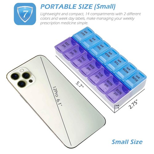 VOFOON Travel Pill Organizer 2 Times a Day, PU Leather Portable Pill Case for Women/Men, 7 Day AM PM Pill Box with Travel Pouch Medicine Organizer for Vitamins Medicine Fish Oils Supplements (Small)