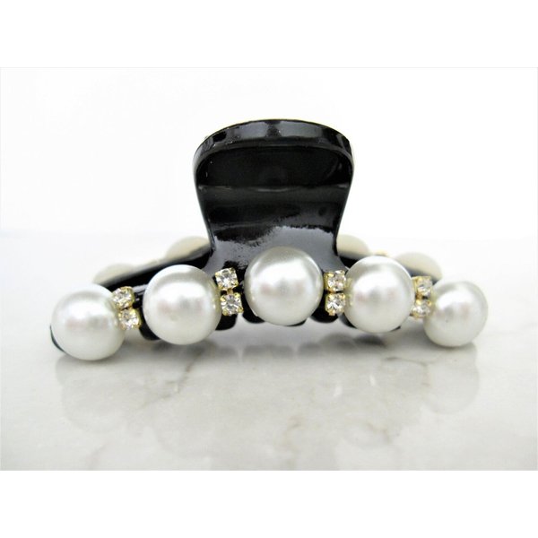Small/medium black hair claw clip for fine, thin hair with pearls and crystals