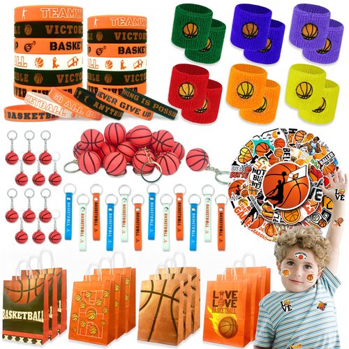 VAMWOGO Basketball Party Favors 110Pcs Basketball Themed Birthday Party Supplies Wristbands Basketball Keychains Bracelets Bags Stickers Pinata Filler