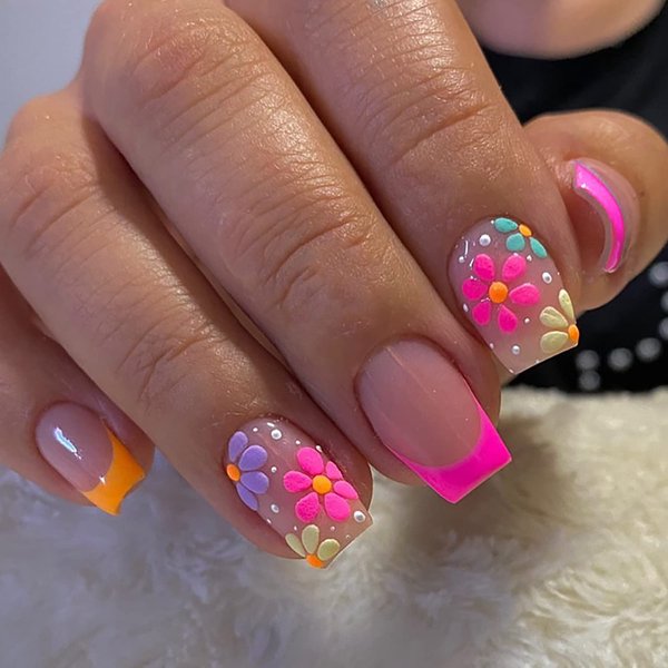 24Pcs Spring Press on Nails Short Square French Tip Fake Nails Full Cover Coffin Artificial Glue on Nails Pink Flower False Nails Design Nail Art Supplies for Women Girls DIY Acrylic Nail Decorations