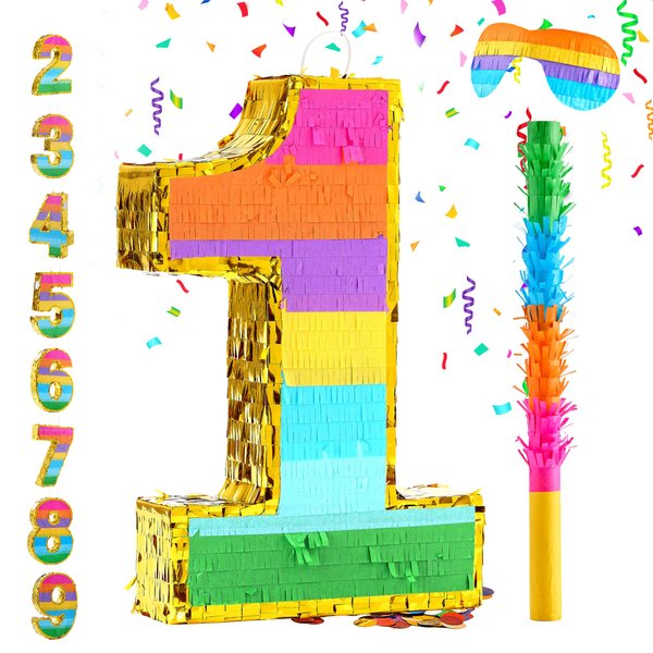 Rainbow Number 1 Pinata for 1st Birthday Party Decorations, Birthday Pinata with Stick Blindfold and Confetti, Kids Anniversary Celebration, Fiesta (Small, 16.5 x 11.5 x 3 In)