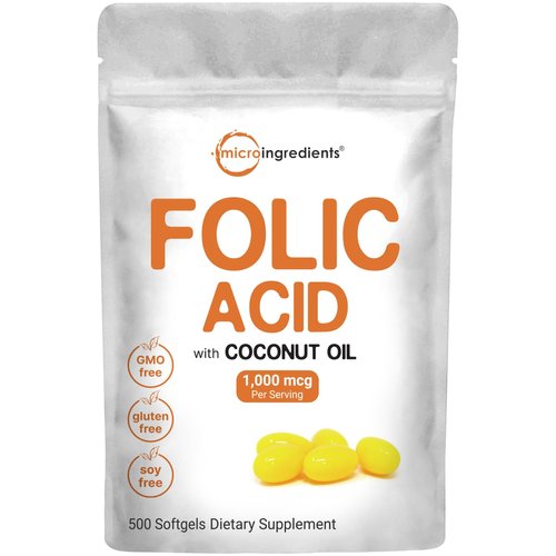 Folic Acid 1,000 mcg, 500 Coconut Oil Softgels (1mg) | Essential Prenatal Vitamins (Vitamin B9) | 1,667 mcg DFE | Third Party Tested, No Artificial Colors or Flavors | Non-GMO, Gluten Free