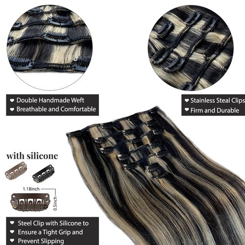 Belaved Hair Extensions Clip in Human Hair Black Mix Blonde 18 Inch 70g 7pcs 100% Remy Human Hair Clip in Extensions Straight Real Human Hair Clip in Hair Extensions