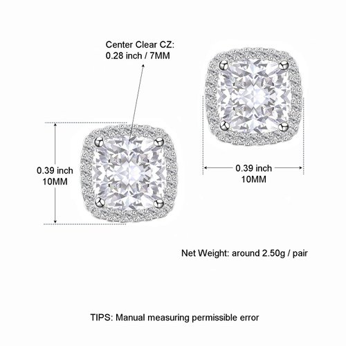 CZ Stud Earrings, Halo Stud Earrings for Women YOMELA White Gold 10MM Square Cubic Zirconia Stud Earrings Hypoallergenic for Women